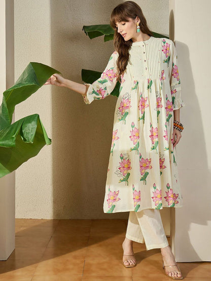 Dhiyona IE Printed Mandarin Collar Pure Cotton Tunic With Trouser