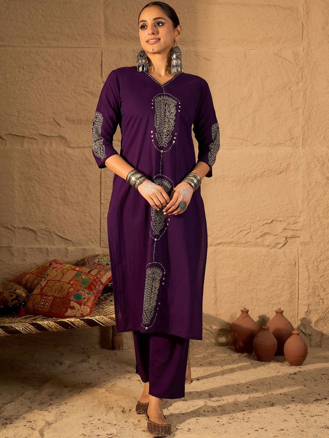 Floral Embroidered Mirror Work Pure Cotton Kurta With Trousers & Dupatta