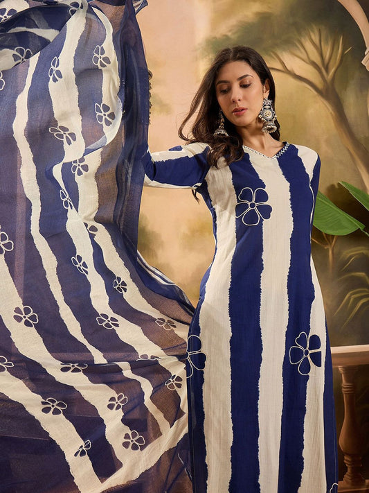 Dhiyona SN Women's Floral Printed V-Neck Pure Cotton Straight Kurta With Trousers And Dupatta