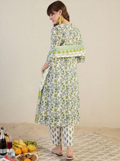 Women Floral Printed Regular Pure Cotton Kurta with Trousers & With Dupatta