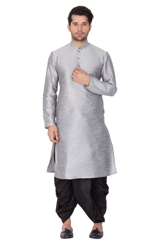 Men's Grey Silk Blend Straight Kurta and Dhoti Set