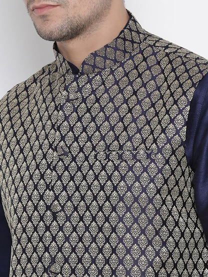 Men's Dark Blue Silk Blend Straight Jacket  Kurta and Pyjama Set