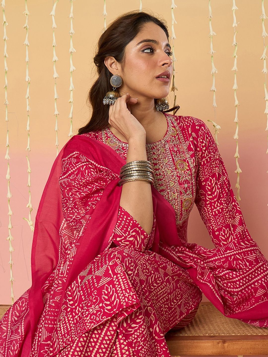 Women Ethnic Motifs Printed Regular Thread Work Pure Cotton Kurta with Trousers & With Dupatta