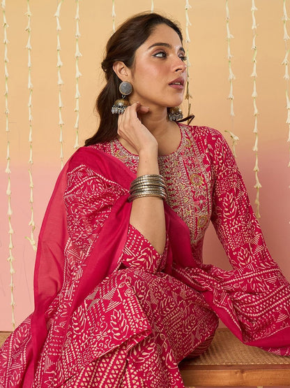Women Ethnic Motifs Printed Regular Thread Work Pure Cotton Kurta with Trousers & With Dupatta