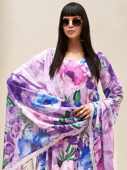 Dhiyona IE Women Floral Embroidered Empire Thread Work Kurta with Trousers & With Dupatta