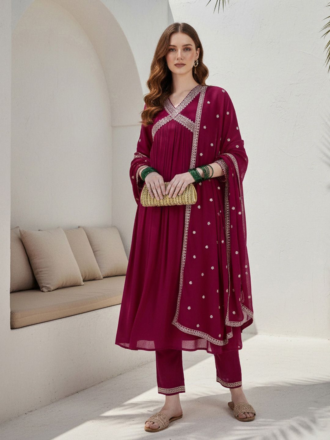 Dhiyona CH Women Ethnic Motifs Embroidered Panelled Thread Work Kurta with Trousers & With Dupatta