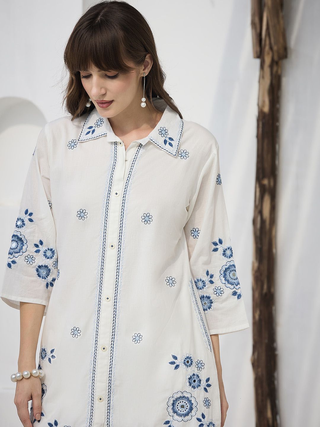Dhiyona IE Floral Embroidered Pure Cotton Shirt Collar Tunic With Trousers