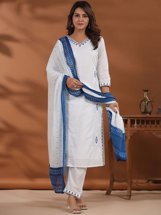Dhiyona IE Women Ethnic Motifs Embroidered Regular Thread Work Pure Cotton Kurta with Trousers & With Dupatta