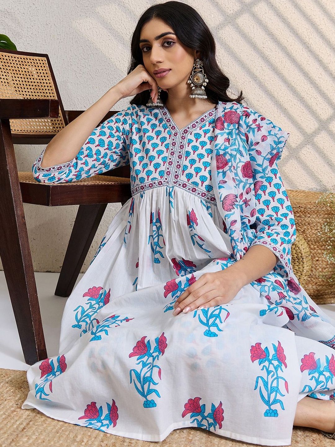 Women Floral Printed Cotton A-Line Kurta with Trousers & Dupatta