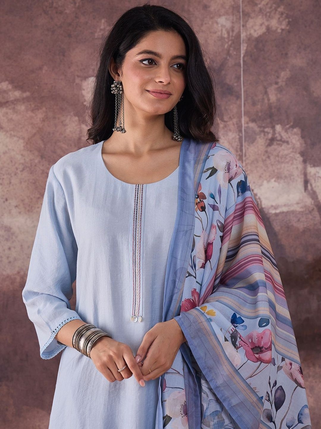 Embroidered Thread Work Straight Kurta With Trousers & Dupatta