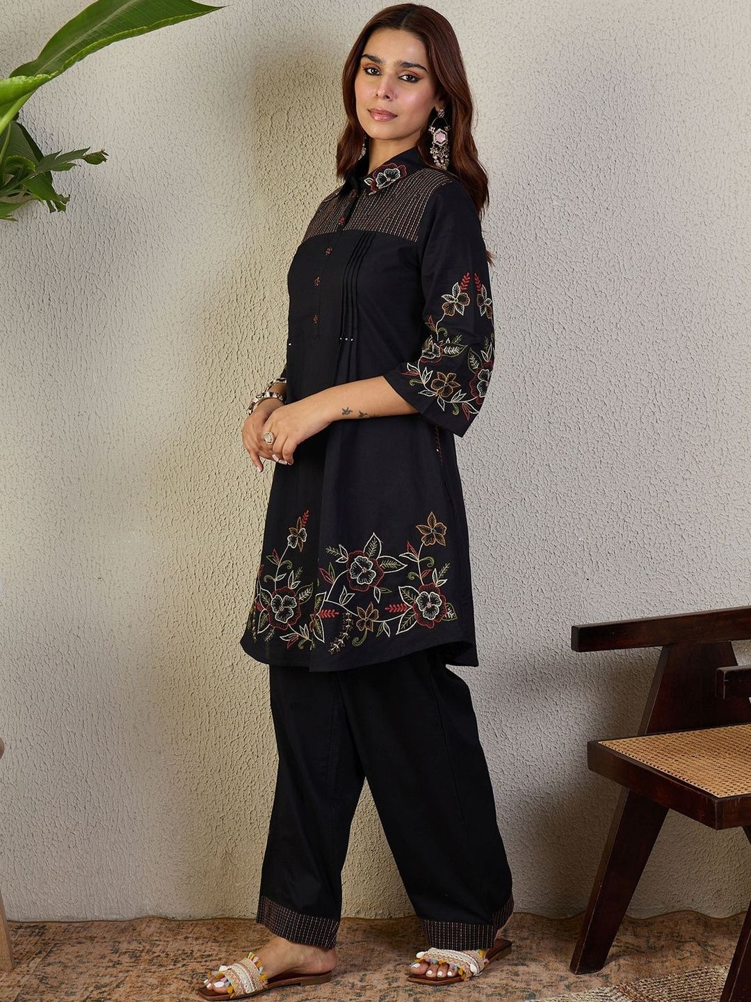 Women Floral Embroidered Thread Work Pure Cotton A-Line Kurti with Trousers