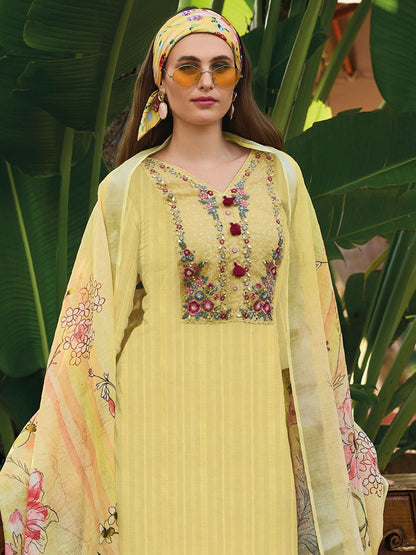 Dhiyona IE Yellow Floral Embroidered Thread Work Pure Cotton Kurta with Trouser & Dupatta