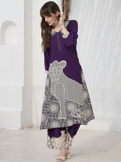 Dhiyona IE Animal Printed Pure Cotton V-Neck Tunic With Trousers