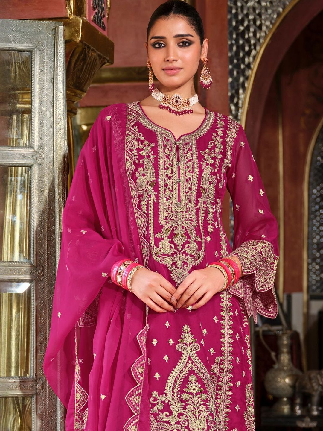 Ethnic Motifs Embroidered Zari V-Neck Straight Kurta & Palazzos With Dupatta