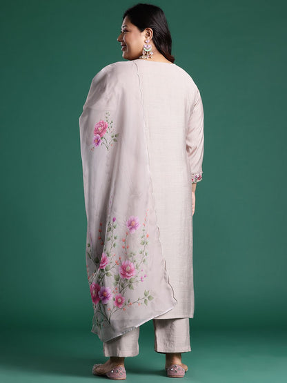 Floral Embroidered Regular Thread Work Round Neck Kurta with Trousers & Dupatta