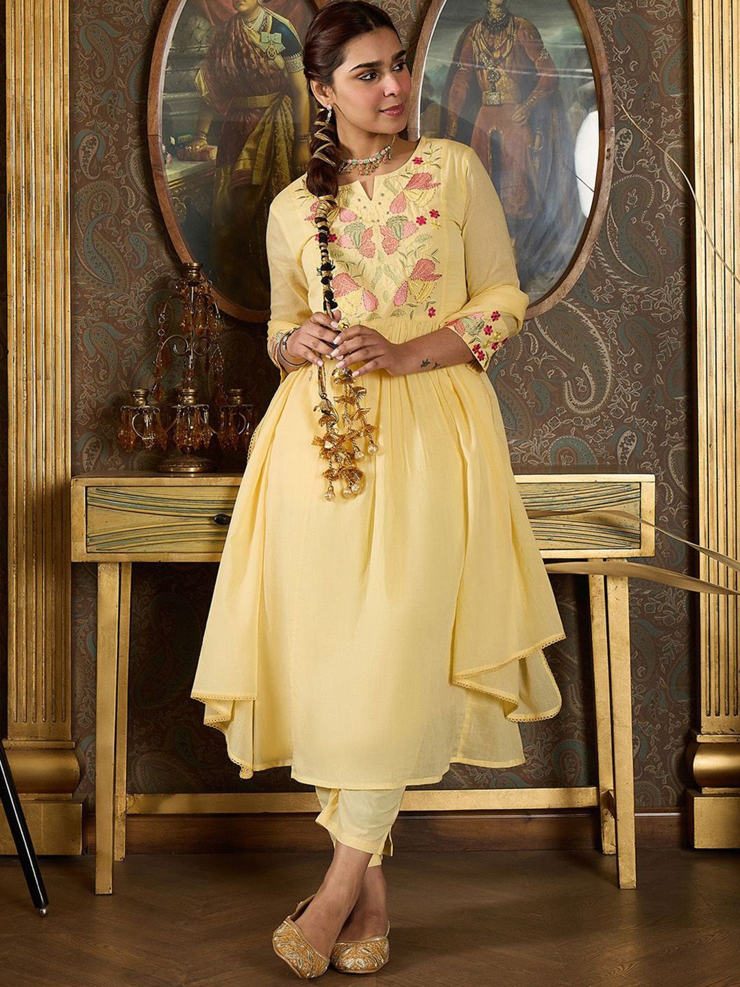 Dhiyona IE Embroidered Notch Neck Panelled A Line Pure Cotton Kurta With Trousers & Dupatta