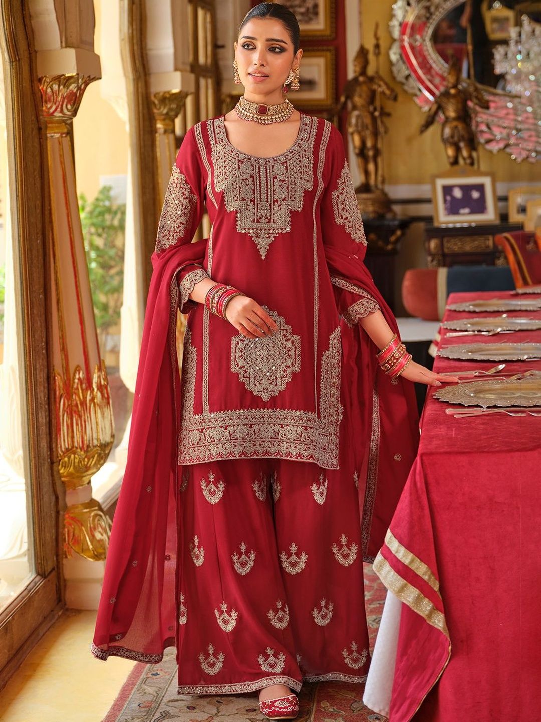 Dhiyona IE Ethnic Motifs Embroidered Chinon Beads & Stones Kurta With Palazzos & Dupatta