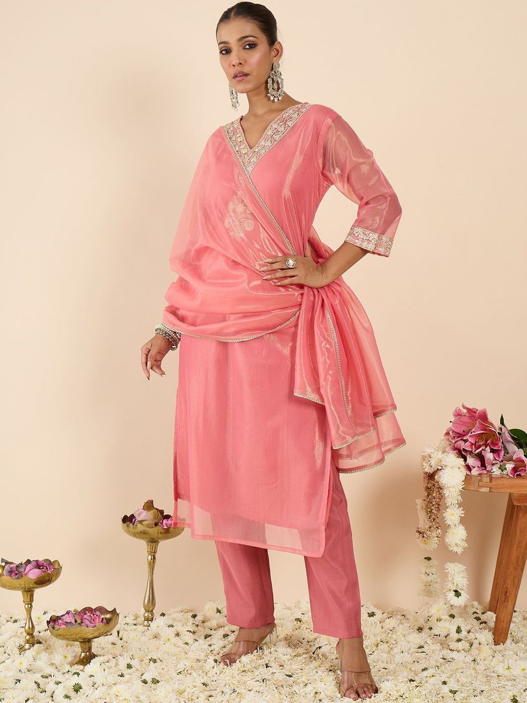 Women Ethnic Motifs Embroidered Regular Kurta with Trousers & With Dupatta
