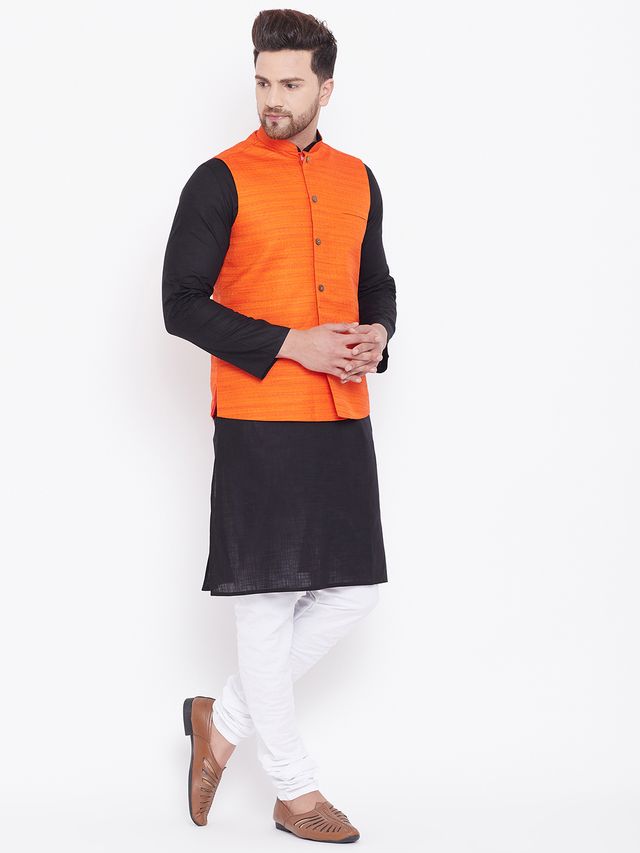 Men's Black Cotton Blend Straight Jacket  Kurta and Pyjama Set