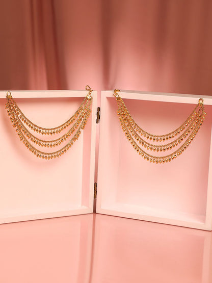 Dhiyona RJ Women's 22K Gold Plated Multi Layer Beaded Ear Chain Pair Traditional Ethnic Jewelry