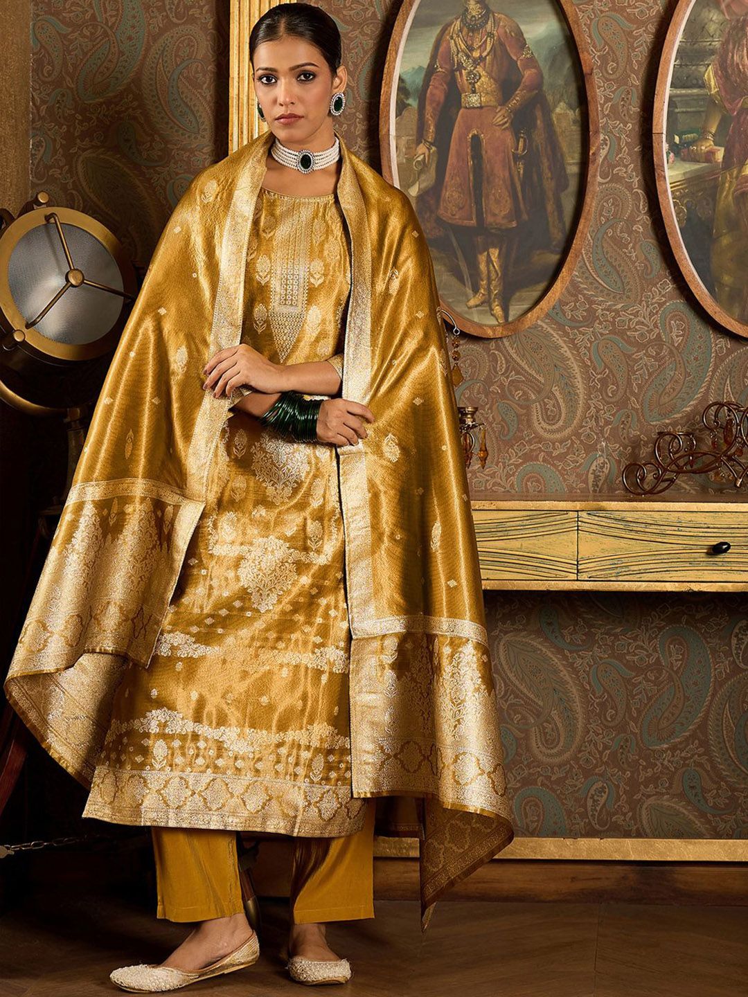 Ethnic Motifs Woven Design Zari Straight Kurta With Trousers & Dupatta