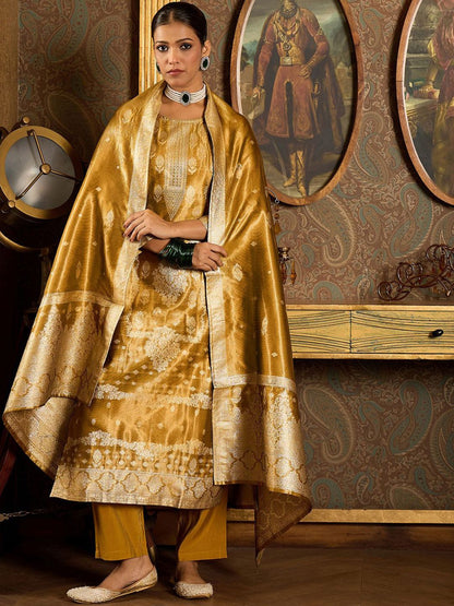 Ethnic Motifs Woven Design Zari Straight Kurta With Trousers & Dupatta