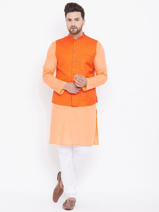 Men's Fawn Cotton Blend Straight Jacket  Kurta and Pyjama Set
