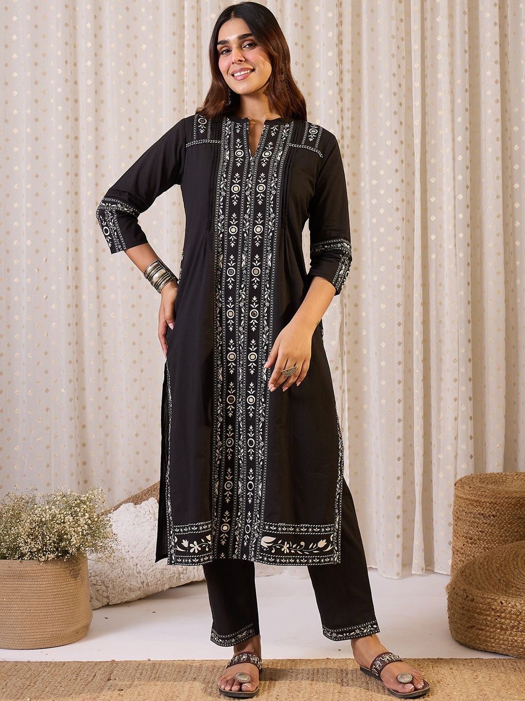 Dhiyona IE Ethnic Motifs Printed Mandarin Collar Pure Cotton Straight Kurta & Trousers