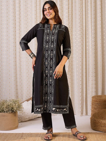 Ethnic Motifs Printed Mandarin Collar Pure Cotton Straight Kurta & Trousers