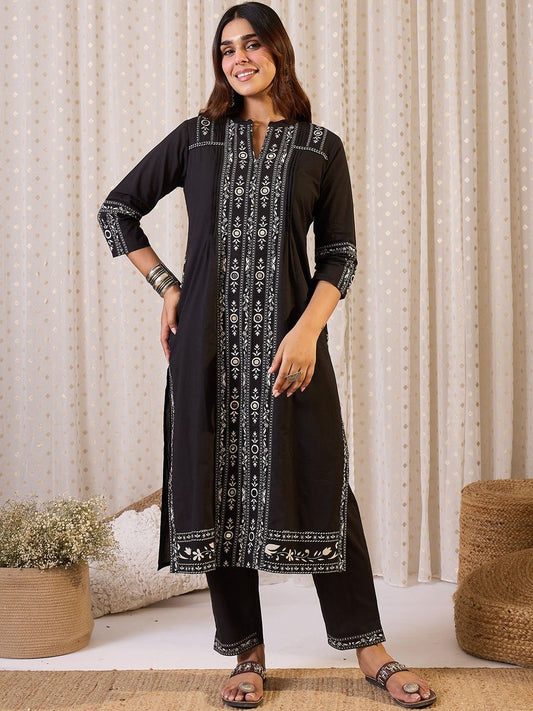 Ethnic Motifs Printed Mandarin Collar Pure Cotton Straight Kurta & Trousers