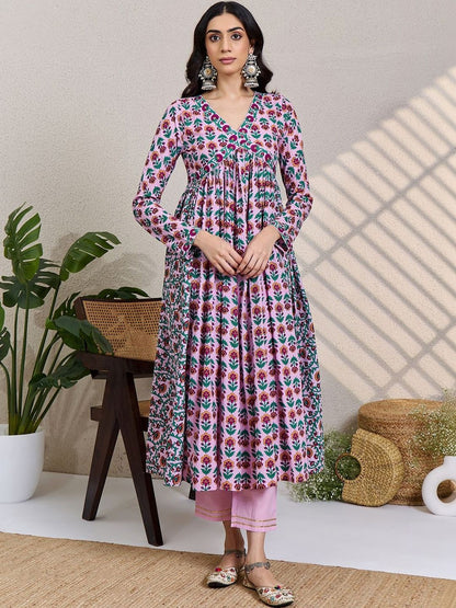 Women Floral Printed Panelled Pure Cotton Kurta with Trousers & With Dupatta