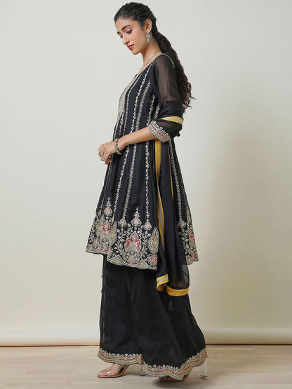 Dhiyona SO Women's Embroidered Sequinned Notch Neck Anarkali Kurta with Palazzos & Dupatta