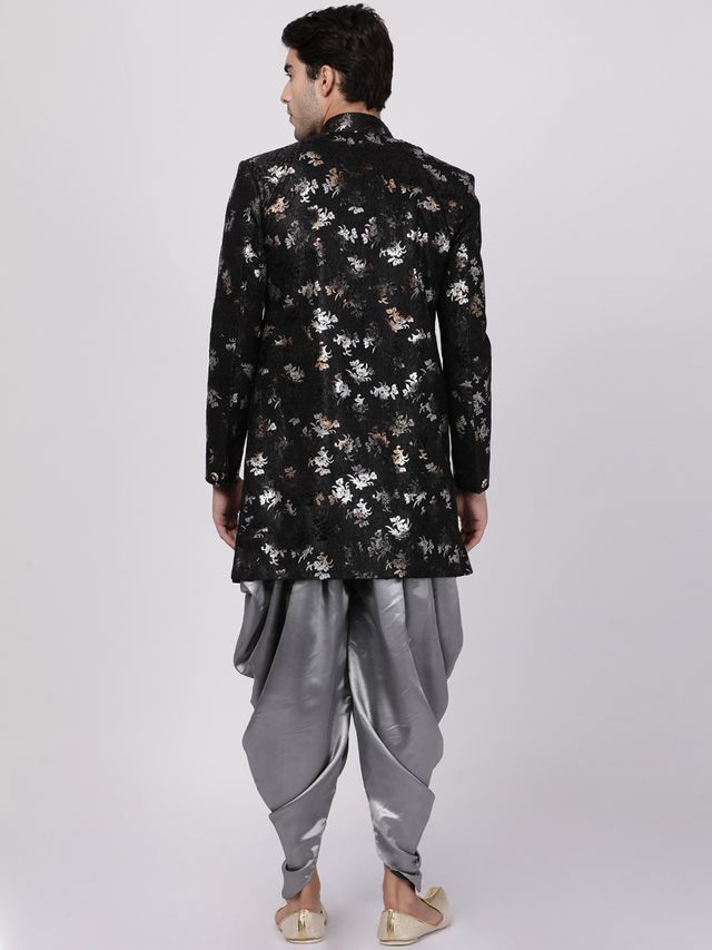 Men's Black Polyester Lurex Blend Asymmetric Sherwani Set