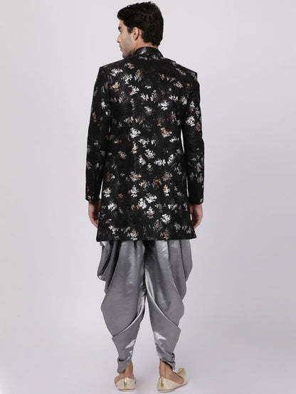 Men's Black Polyester Lurex Blend Asymmetric Sherwani Set