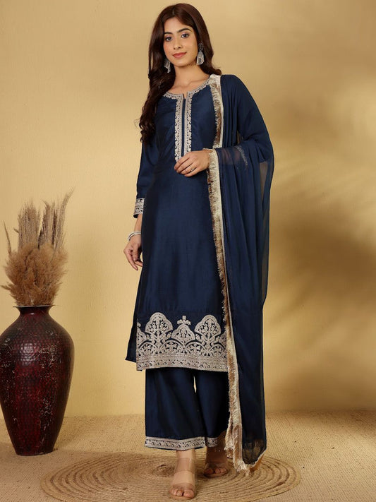 Dhiyona PD Women Floral Embroidered Notch-Neck Straight Kurta With Palazzos And Dupatta