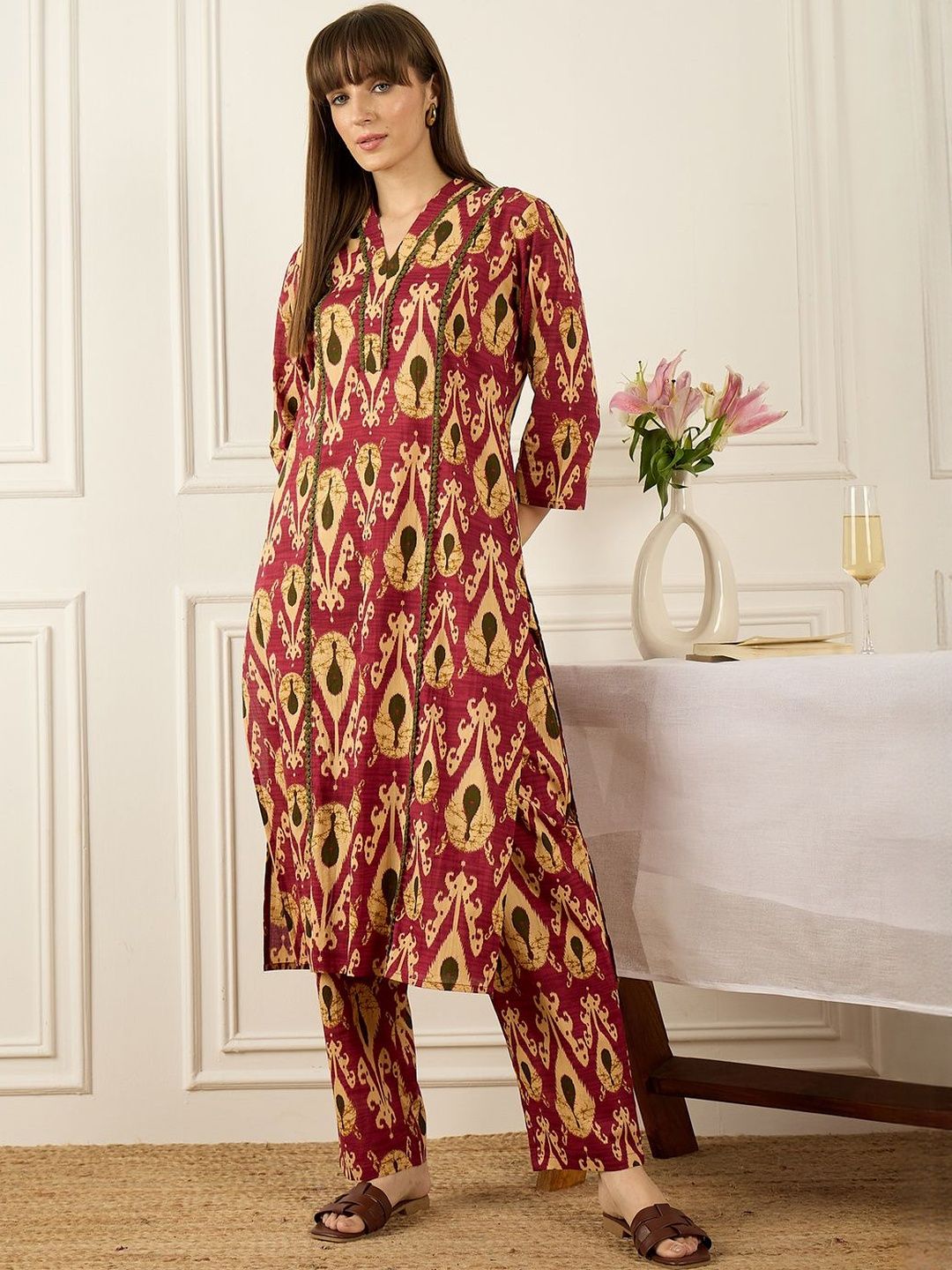 Floral Printed Thread Work Pure Cotton Kurta With Palazzos