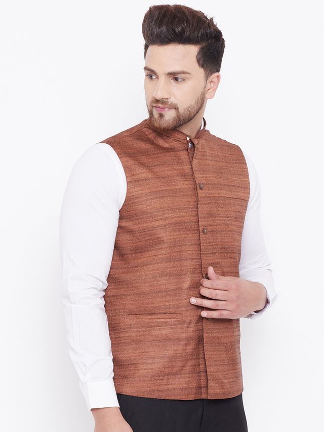 Men's Coffee Silk Blend Straight Nehru Jacket