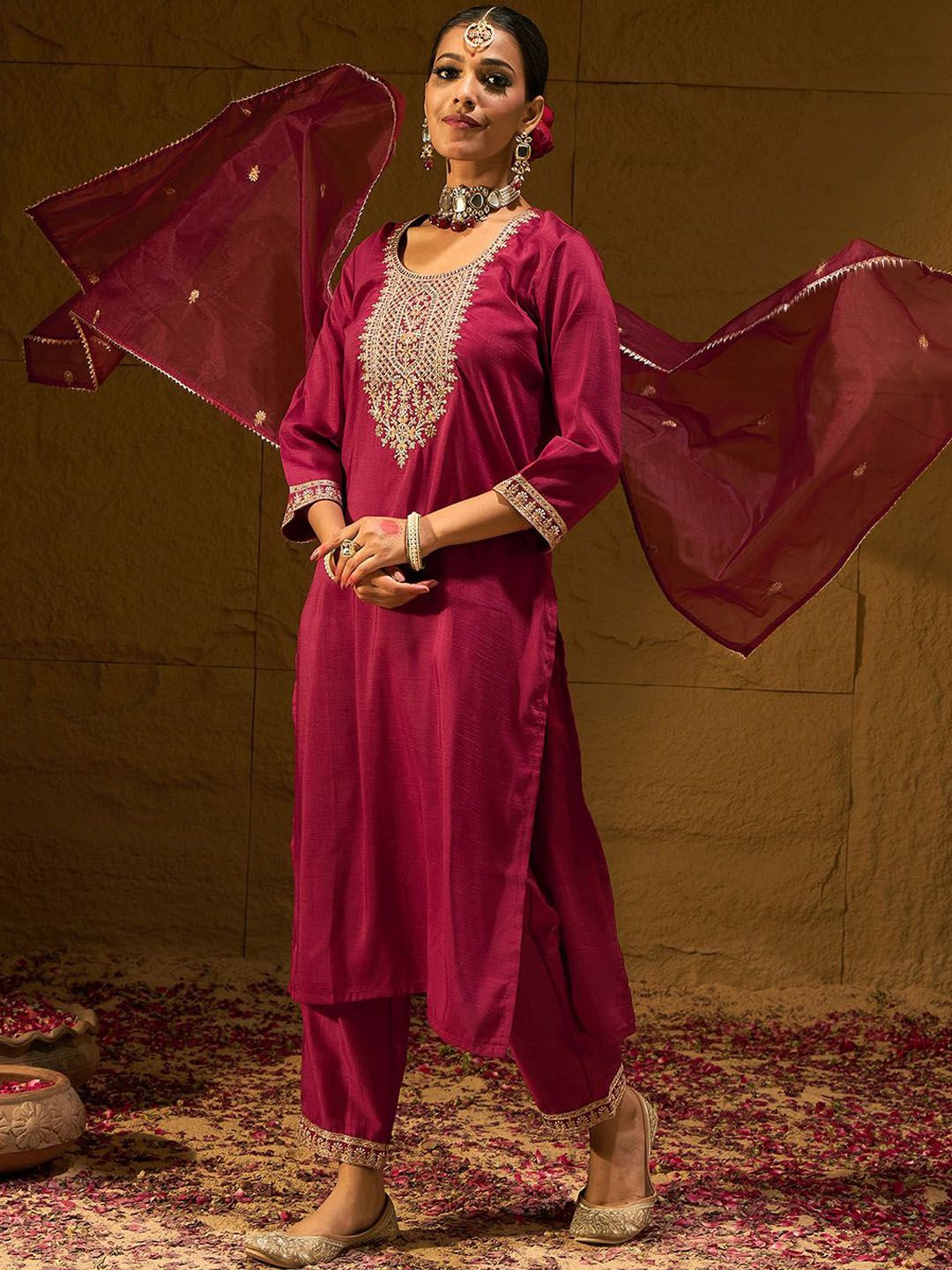 Dhiyona IE Ethnic Motifs Yoke Design Thread Work Straight Kurta With Trousers & Dupatta