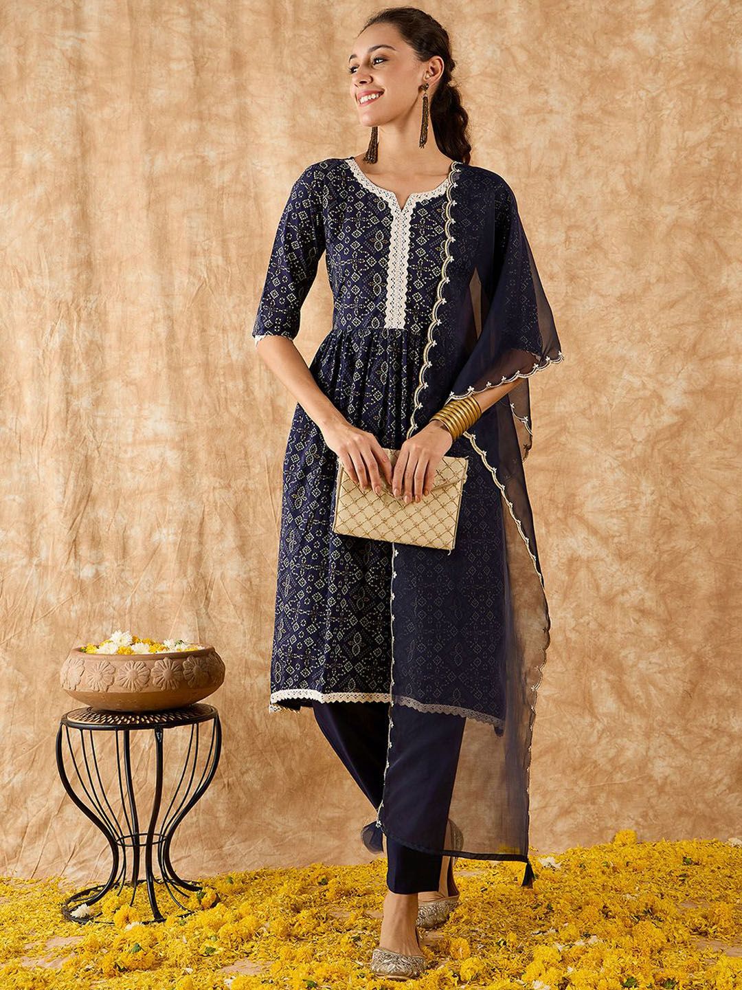 Bandhani Printed A-Line Kurta with Trousers & Dupatta