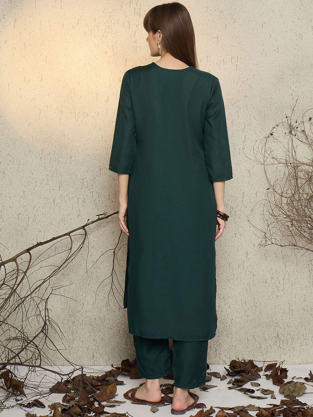 Pleated V-Neck A-Line Kurta With Trousers