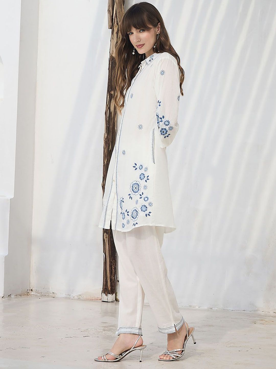 Dhiyona IE Floral Embroidered Pure Cotton Shirt Collar Tunic With Trousers