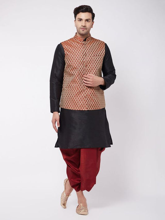 Men's Black Silk Blend Straight Jacket  Kurta and Dhoti Set