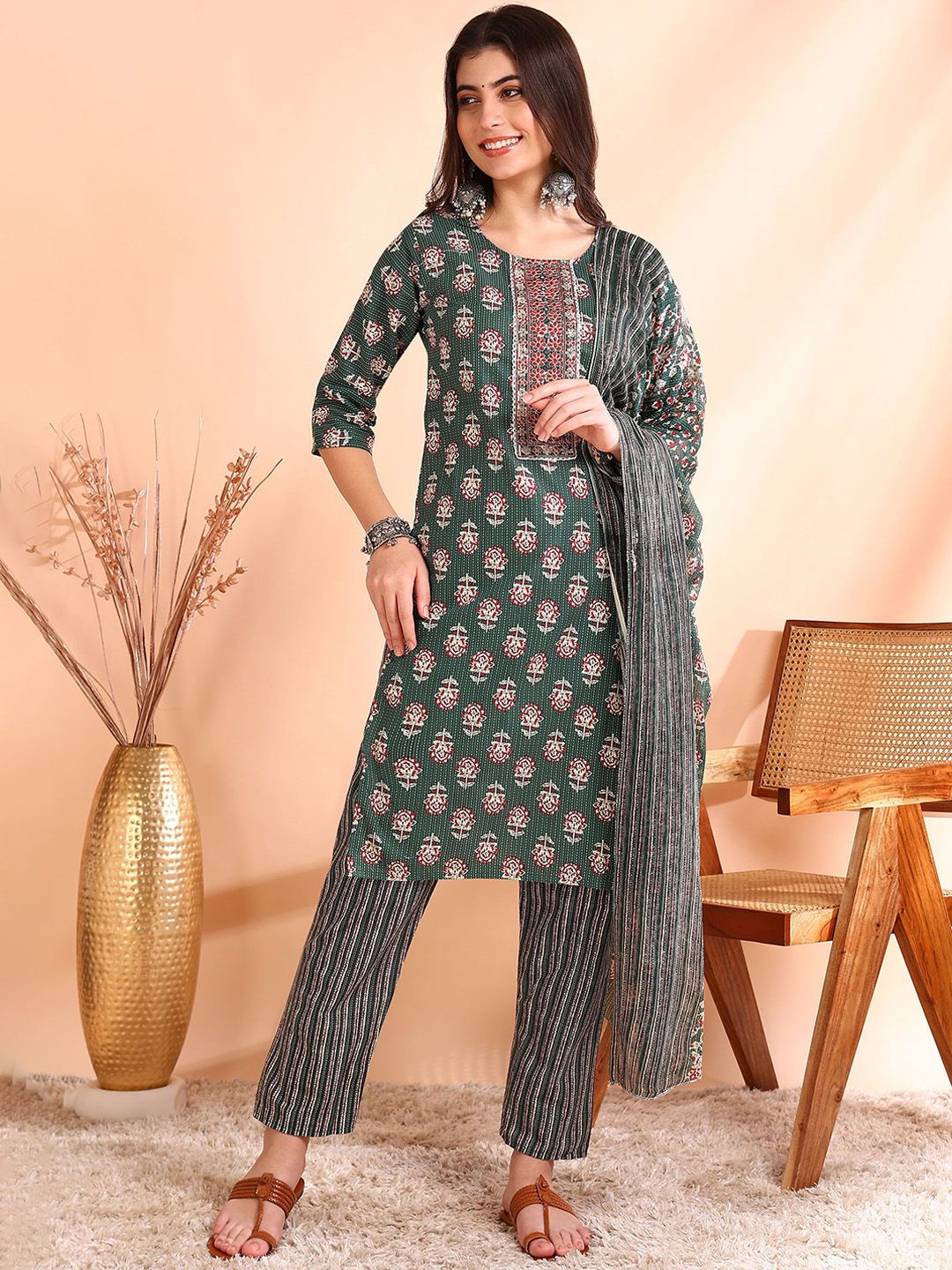 Dhiyona OD  Printed Mirror Work Pure Cotton Kurta With Trousers & Dupatta