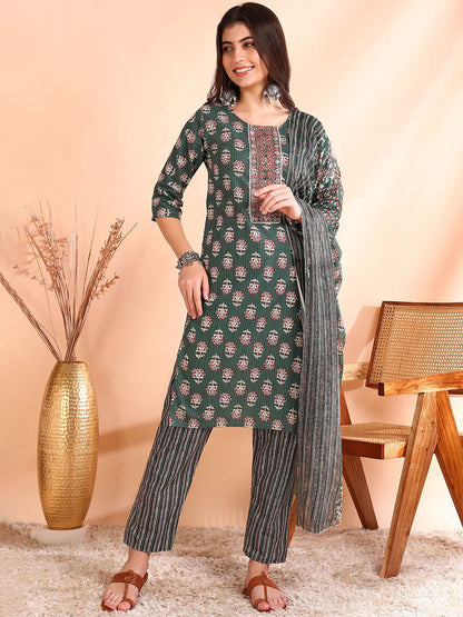 Dhiyona OD  Printed Mirror Work Pure Cotton Kurta With Trousers & Dupatta