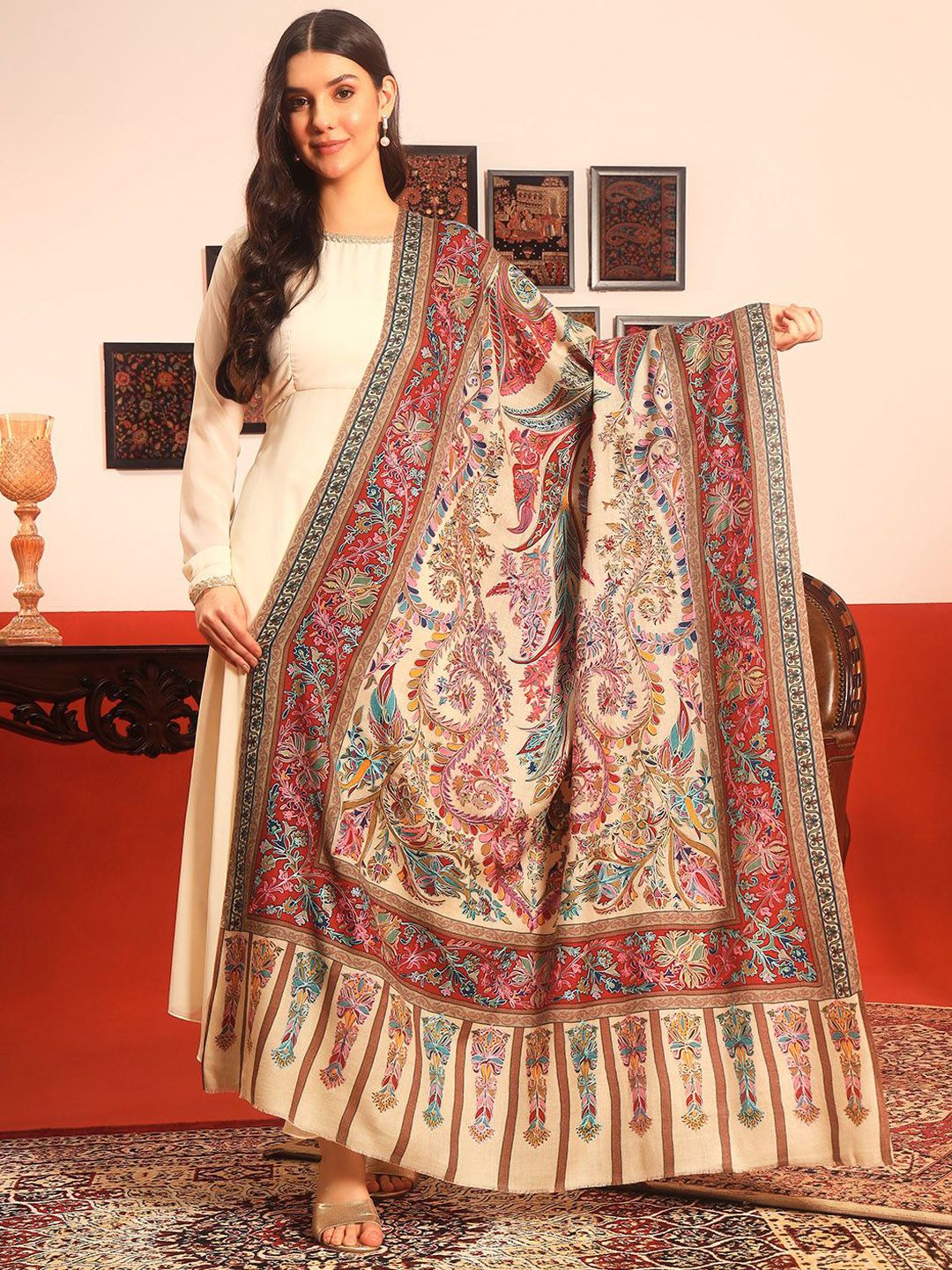 Dhiyona PA Paisley Embroidered Rangkalam Pure Wool Kalamkari Shawl