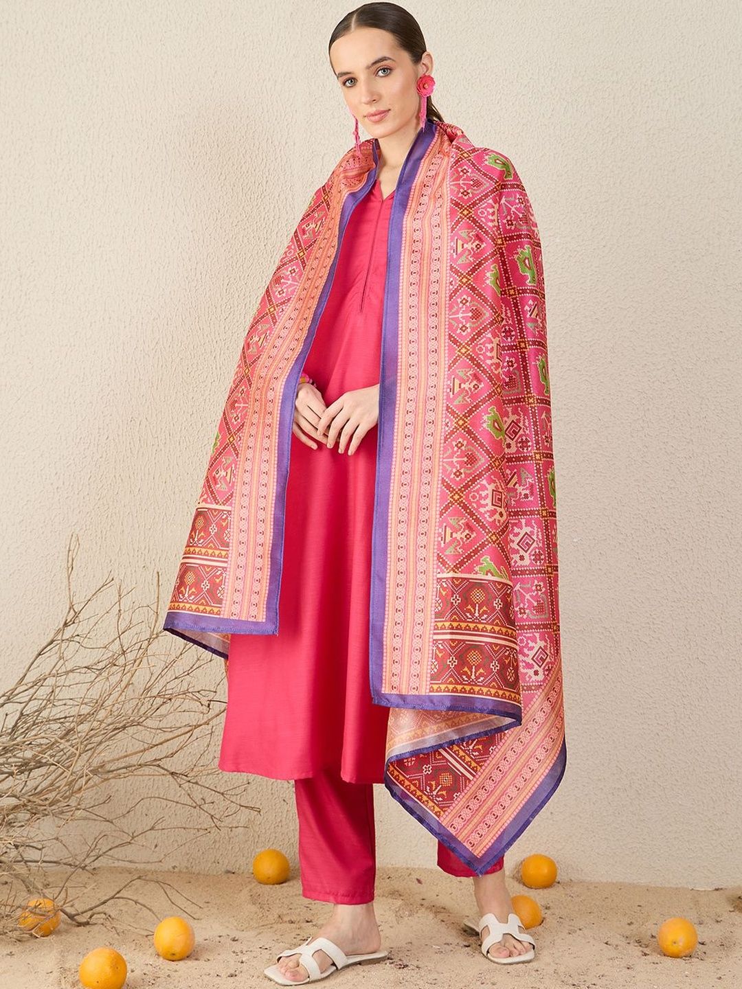 Notch Neck A-Line Kurta With Trousers & Dupatta Set