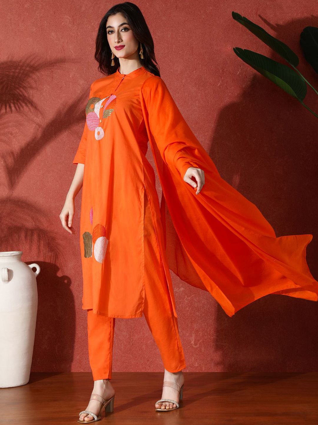 Dhiyona SN Women's Embroidered Pure Cotton Straight Kurta & Trousers With Dupatta