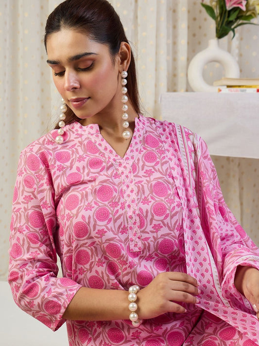 Floral Printed V-Neck Thread Work Pure Cotton Kurta With Trousers & Dupatta
