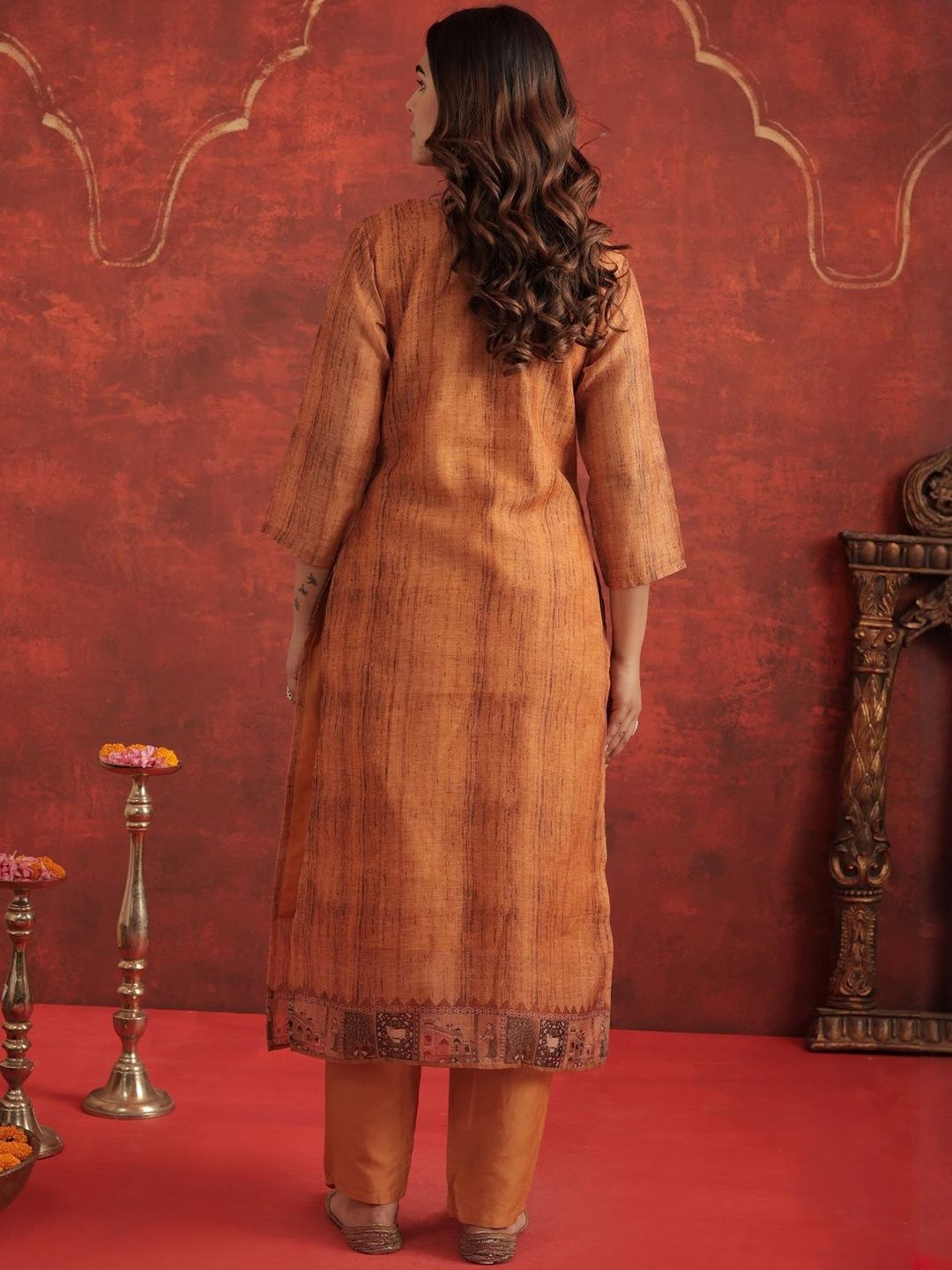 Ethnic Motifs Chanderi Cotton Round Neck Straight Kurta With Trousers & Dupatta