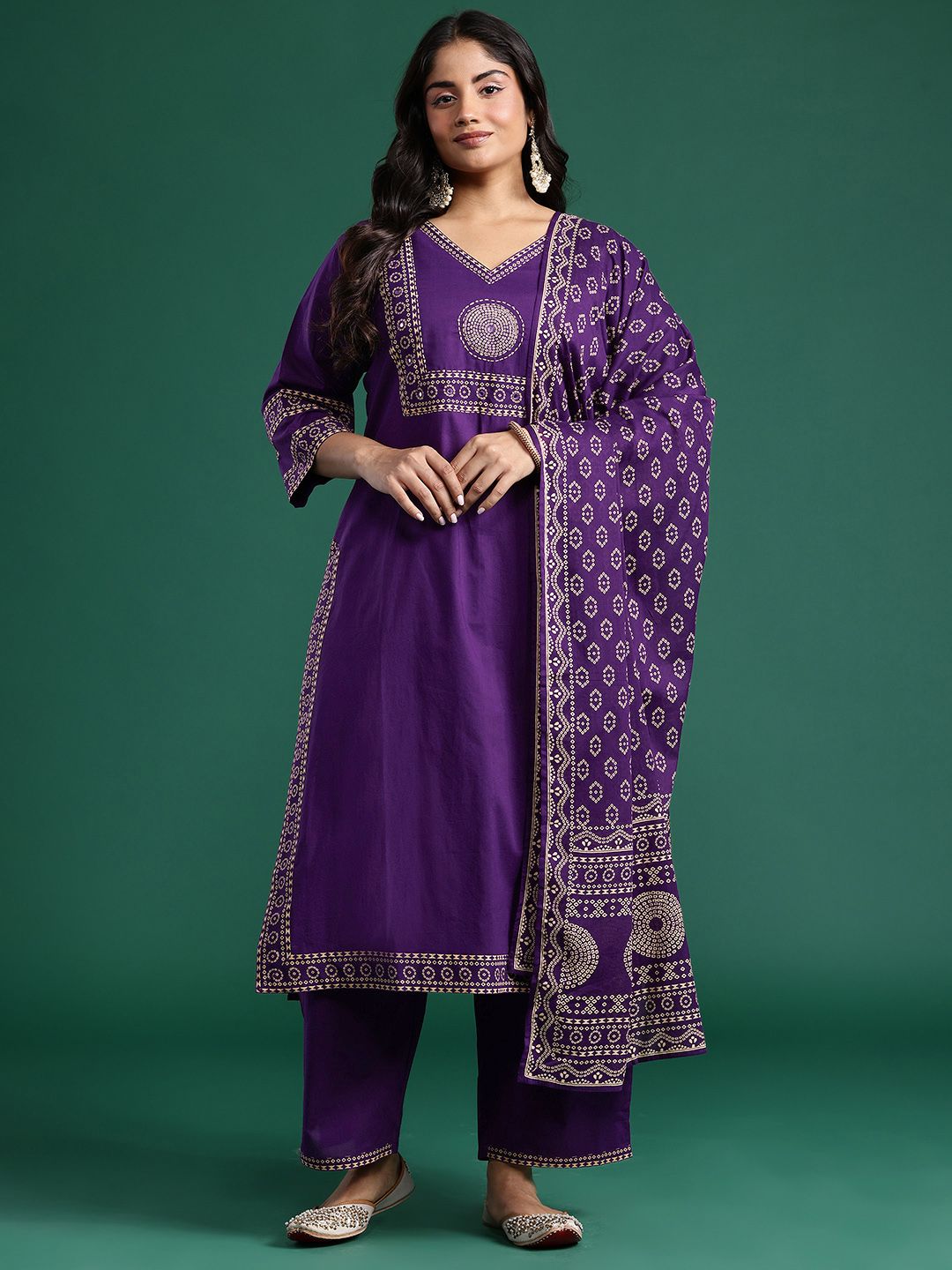 Ethnic Motifs Print Mirror Work Pure Cotton Kurta with Palazzos & Dupatta